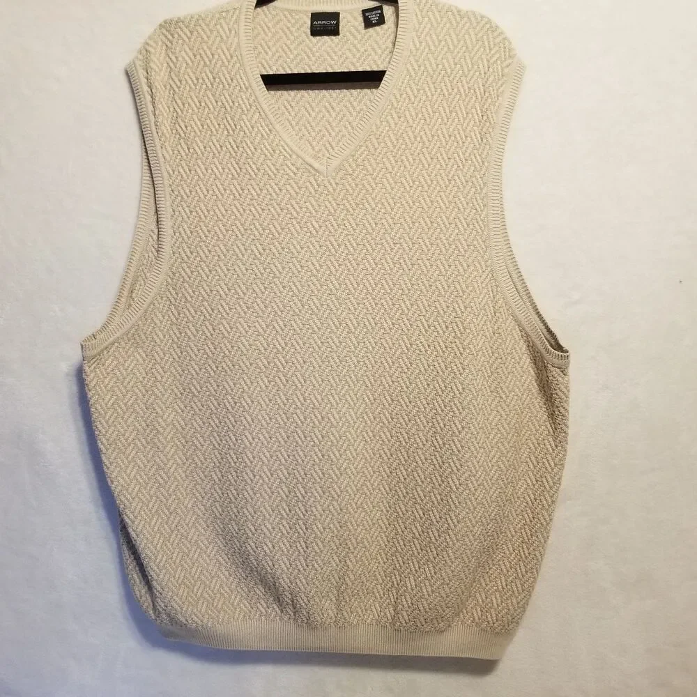 Arrow Mens XL Sweater Vest 100% Cotton Beige Basket Weave Preppy Old Money Basic